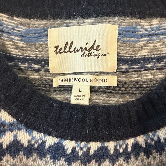Telluride Clothing Lambswool Blend Blue Icelandic Stripe Crewneck Sweater Size L - Picture 3 of 8